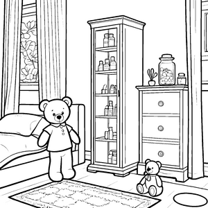 Niedlicher Teddy vor spannendem Medizinschrank Ausmalvorlage für kleine Gesundheitshelfer