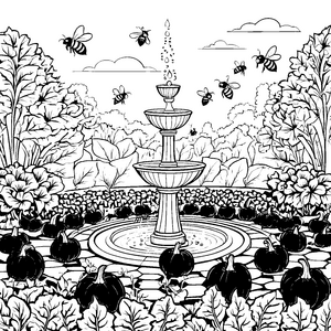 Witzige Bienen um plätschernden Brunnen Ausmalmotiv für kleine Gartenabenteurer