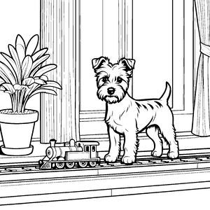Zauberhafter Yorkshire Terrier mit dampfendem Spielzeugzug Ausmalvorlage für kleine Abenteuerlustige