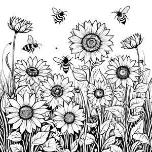 Fröhliche Bienen um strahlende Sonnenblumen Ausmalvorlage für kleine Gartenfreunde