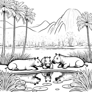 Niedliche Nilpferdbabys am glitzernden Wasser Malvorlage für kleine Naturfreunde