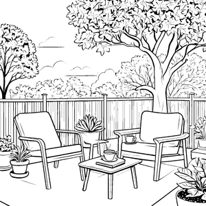 Gemütliche Loungesessel unter schattigem Baum Ausmalvorlage für entspannte Kreativlinge
