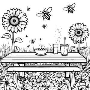 Flotte Bienen um fröhlichen Sonnenblumen-Tisch Ausmalvorlage für kleine Genussfreunde