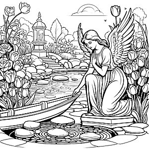 Engel am ruhigen Teich mit farbenfrohen Blumen Ausmalbild für fantasievolle Künstler