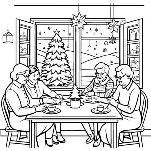 Gemütliches Weihnachtsfest mit fröhlichen Seniorinnen Ausmalbild für kreative Herzchen