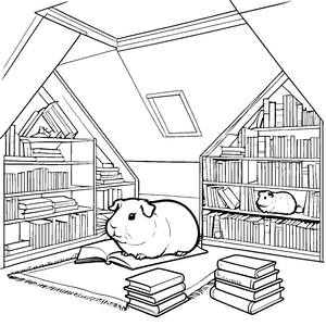 Gemütliche Meerschweinchen zwischen bunten Büchern Ausmalbild für wissbegierige Tierfreunde