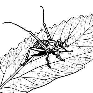 Spannende Heuschrecke auf feucht-grüner Blatt Ausmalvorlage für kleine Entdecker