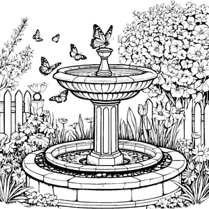 Spritziger Brunnen umschwirrt bunte Schmetterlinge Ausmalbild für kreative Naturfans