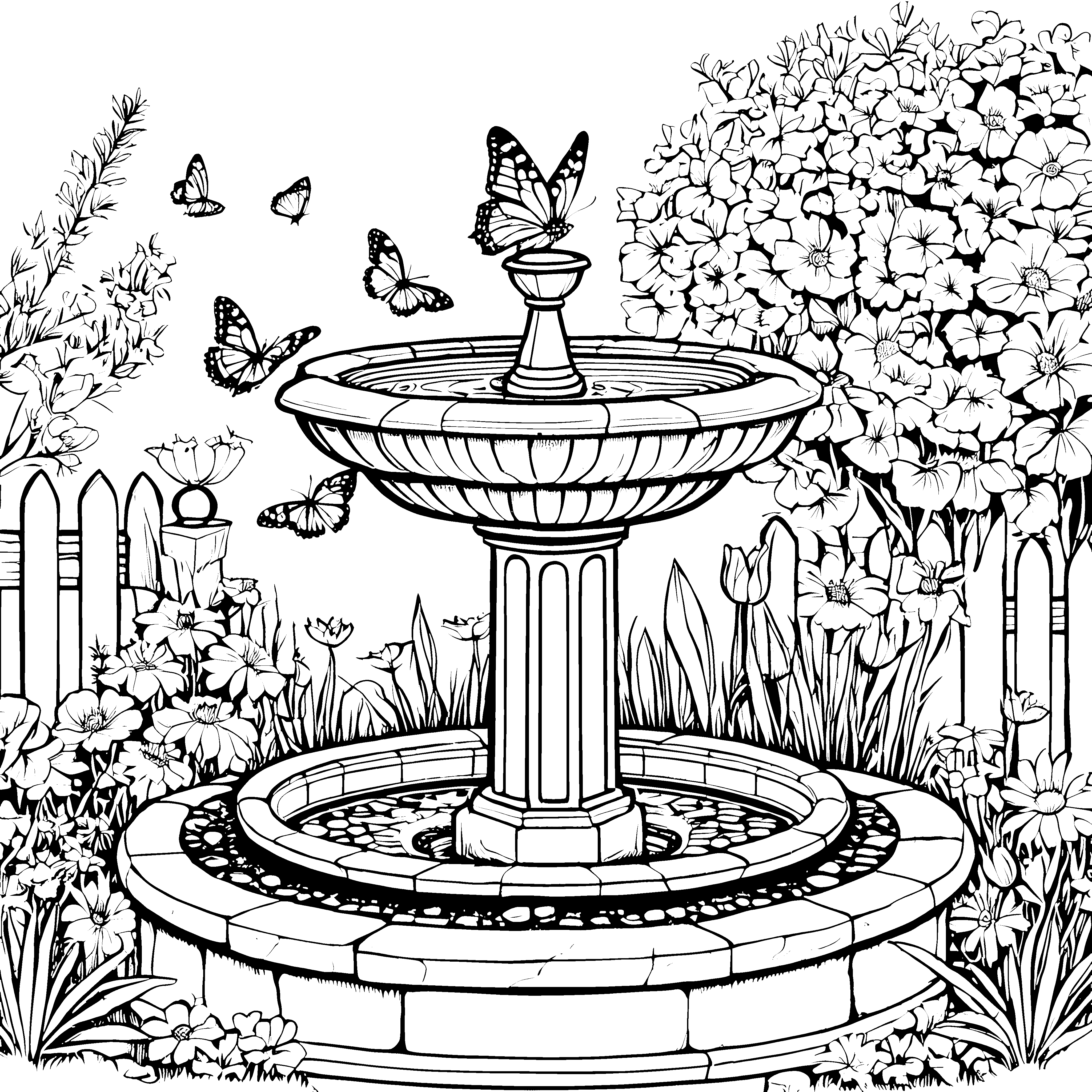 Spritziger Brunnen umschwirrt bunte Schmetterlinge Ausmalbild für kreative Naturfans