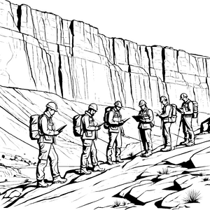 Gruppenerkundung von Geologen am beeindruckenden Felsen Ausmalbild für kleine Wissensabenteurer