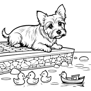 Süßer Yorkshire Terrier neben fröhlichen Enten Malvorlage für neugierige Tierliebhaber