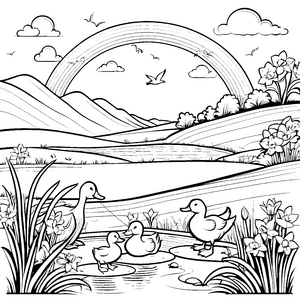 Bezaubernder Regenbogen über fröhlichen Enten im Teich Ausmalvorlage für kleine Naturfreunde