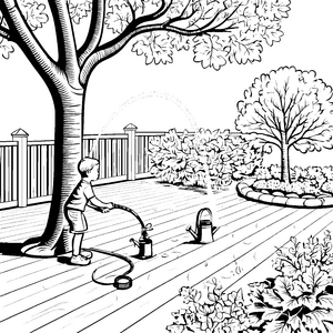 Wasser spritzendes Kind mit fröhlichem Gartenschlauch Ausmalmotiv für kleine Pflanzenfreunde
