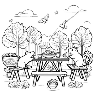 Herzliche Meerschweinchen beim gemütlichen Picknick Ausmalbild für fröhliche Tierfreunde