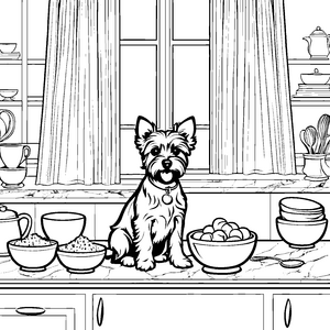 Freundlicher Yorkshire Terrier auf gemütlicher Küchentheke Ausmalmotiv für kreative Chefköche