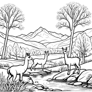 Verspielte Lama-Jungtiere am glitzernden Wasser Malvorlage für kleine Abenteuerfreunde