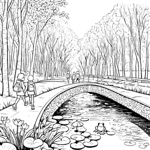 Fröhliche Kinder beim Entdecken am malerischen Fluss Ausmalvorlage für neugierige Entdecker