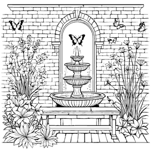 Faszinierende Schmetterlinge um sprudelnden Brunnen Ausmalbild für kleine Gartenfreunde