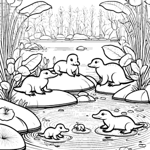 Süße Schnabeltier-Babys im spritzigen Wasser Ausmalvorlage für neugierige Wasserspieler