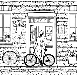 Stilvoller Hipster mit Fahrrad vor Caf Ausmalmotiv für trendige Kreativköpfe