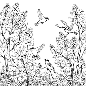 Fröhliche Vögel mit bunten Blumen Ausmalbild für kreative Naturfreunde