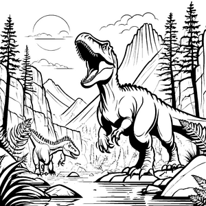 Majestätischer Tyrannosaurus Rex vor schroffen Bergen Ausmalmotiv für abenteuerlustige Dino-Fans