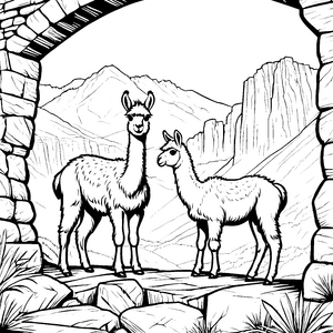Süße Lama-Jungtiere im malerischen Gebirge Ausmalvorlage für kleine Naturfreunde