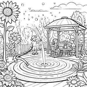 Spritzender Wasserspaß mit Gartenlaube Ausmalbild für lebhafte Naturentdecker