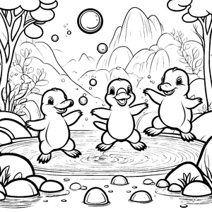 Fröhliche Schnabeltier-Babys im sprudelnden Wasser Ausmalvorlage für neugierige Naturfreunde