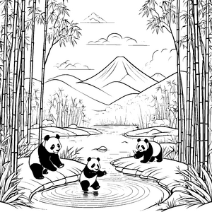 Freche Pandabären am sprudelnden Fluss Ausmalbild für abenteuerlustige Tierfreunde