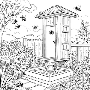 Fröhliches Bienenhaus umgeben von bunten Blumen Ausmalvorlage für kleine Gartenforscher