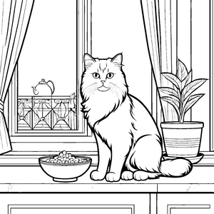 Schlaue Katze mit appetitlichem Futter Ausmalbild für neugierige kleine Gourmets
