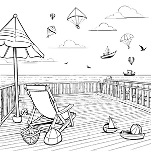 Bequemer Loungesessel am Strand mit Aussicht Malvorlage für entspannte Kreativlinge