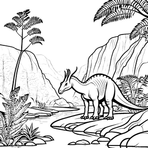 Abenteuerlicher Parasaurolophus am glitzernden Fluss Ausmalvorlage für neugierige Dino-Fans
