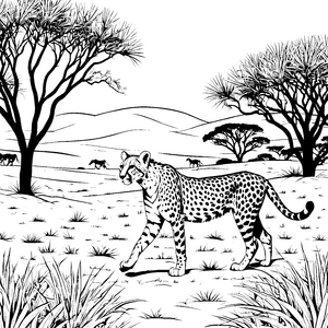 Eleganter Gepard auf Safari Malvorlage für wilde Abenteuerlustige