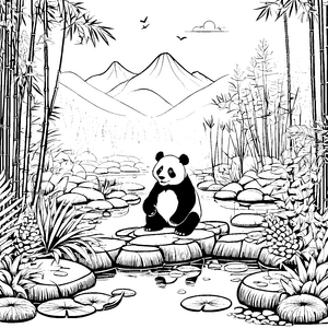 Verspielt sitzender Panda auf Felsen Malvorlage für kleine Naturforscher