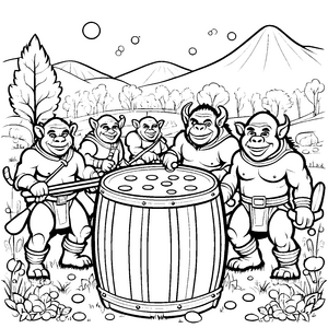 Verspielte Orks bei der Fass-Trommelparty Ausmalvorlage für abenteuerliche Kreativköpfe
