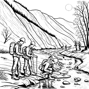 Entdeckungsreise für Geologen am glitzernden Fluss Ausmalbild für abenteuerliche Naturfreunde