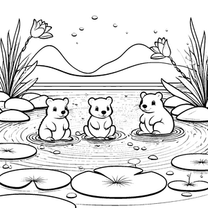 Neugierige Biberbabys im glitzernden Wasser Ausmalvorlage für kleine Tierfreunde