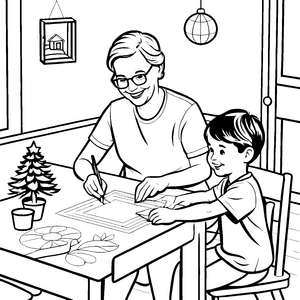 Herzliche Bastelzeit mit Oma und geschmücktem Baum Ausmalmotiv für junge kreative Köpfe