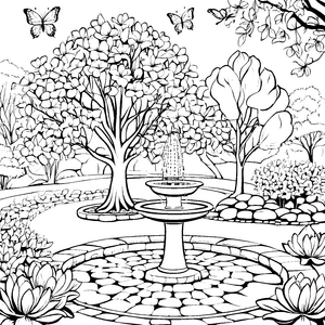 Bunte Schmetterlinge um sprudelnden Gartenbrunnen Ausmalbild für kleine Naturentdecker