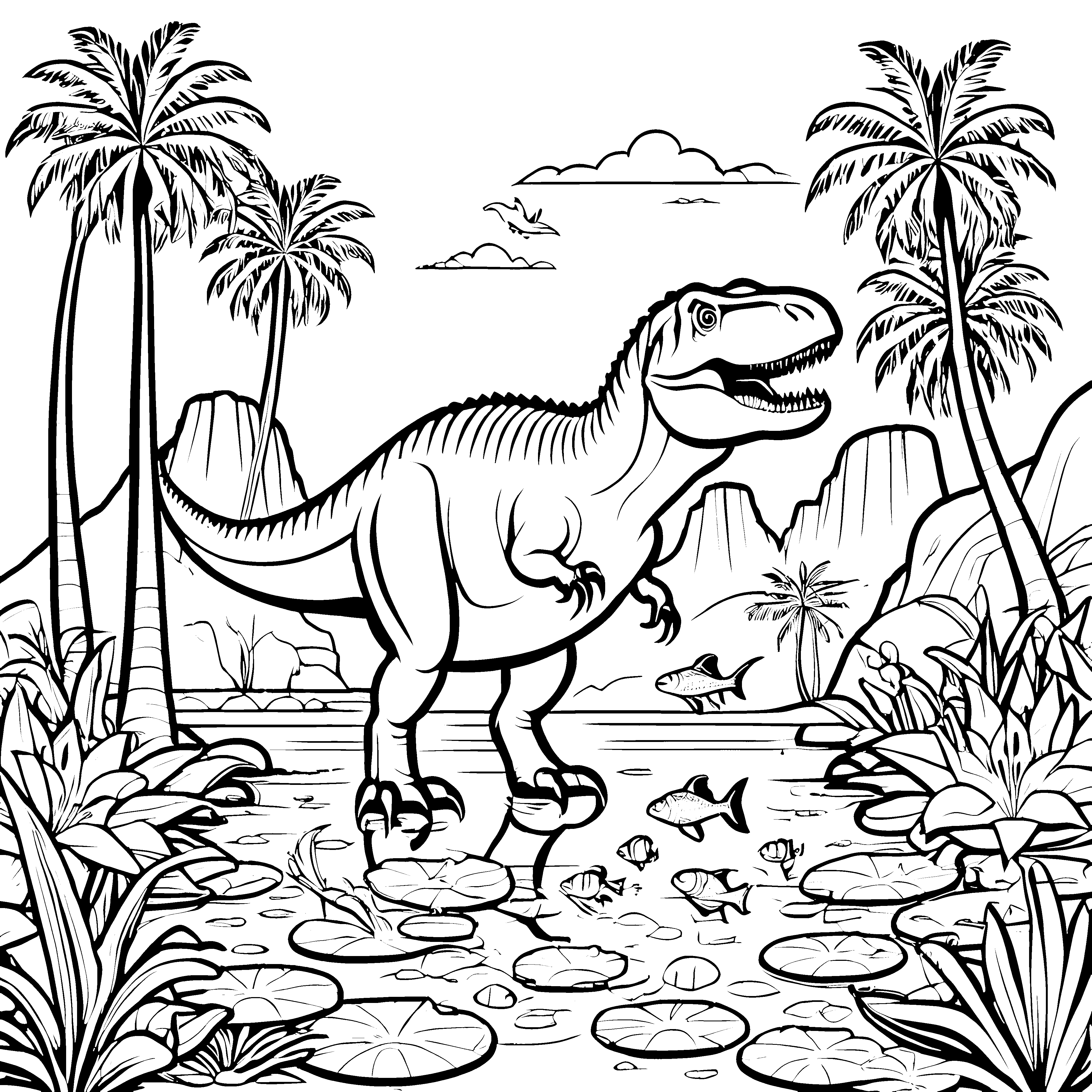 Majestätischer Tyrannosaurus Rex im Urzeitgewässer Ausmalbild für kleine Entdecker