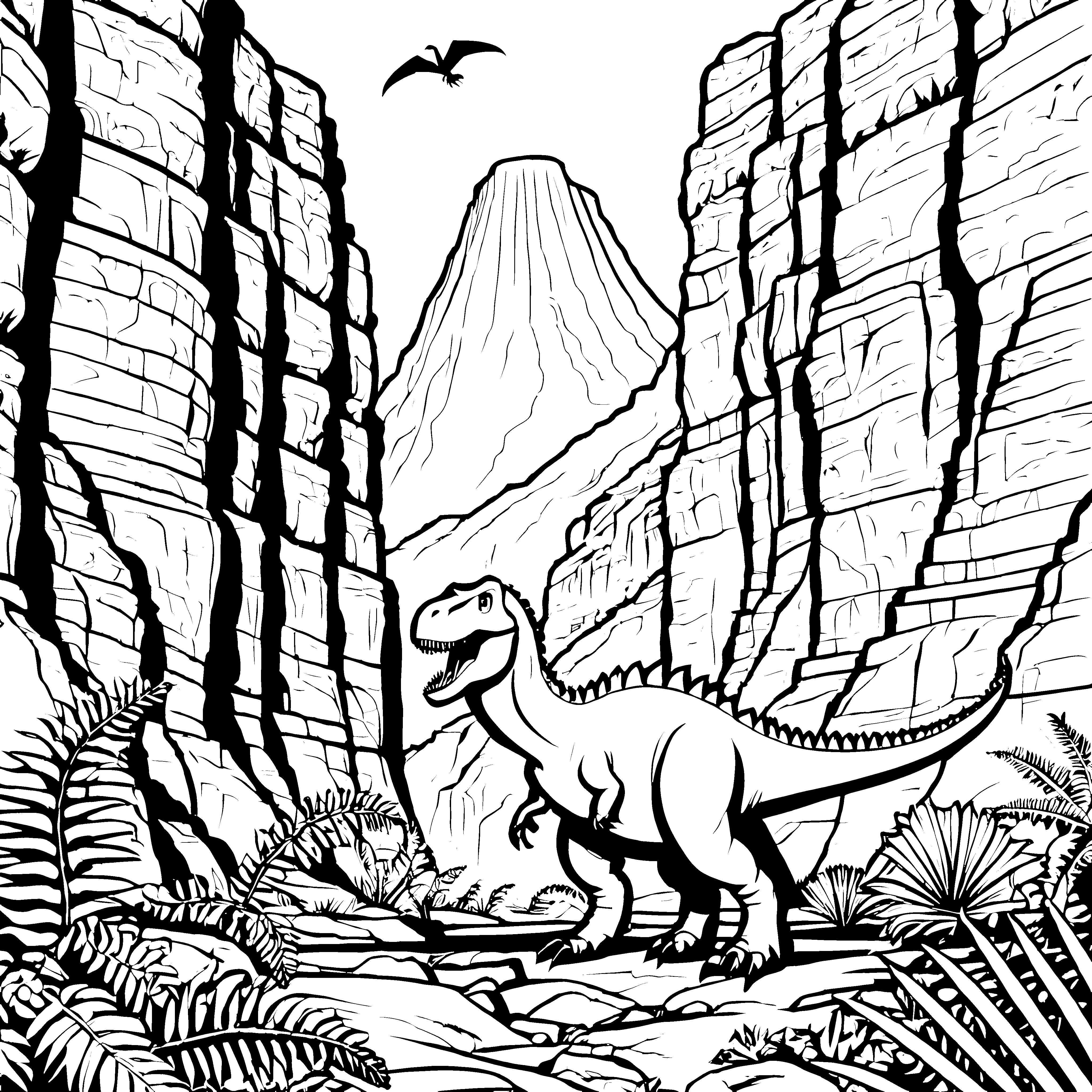Mächtiger Tyrannosaurus Rex im aufregenden Tal Ausmalvorlage für kleine Abenteuerlustige
