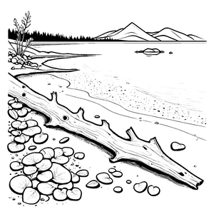 Wunderschönes Treibholz am glitzernden Strand Ausmalmotiv für träumerische Naturfreunde