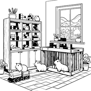 Meerschweinchen beim Spielen in fröhlicher Umgebung Ausmalbild für neugierige Entdecker