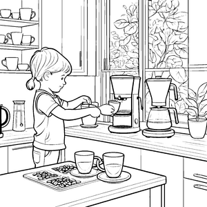 Kreative Kaffeeküche mit sprudelndem Genuss Ausmalvorlage für junge Küchenhelfer