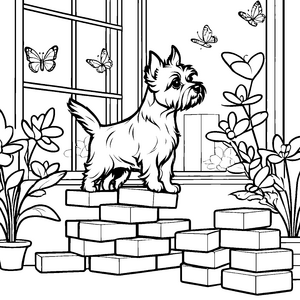 Wachsamer Yorkshire Terrier vor buntem Fenster Ausmalvorlage für tierliebe Abenteurer