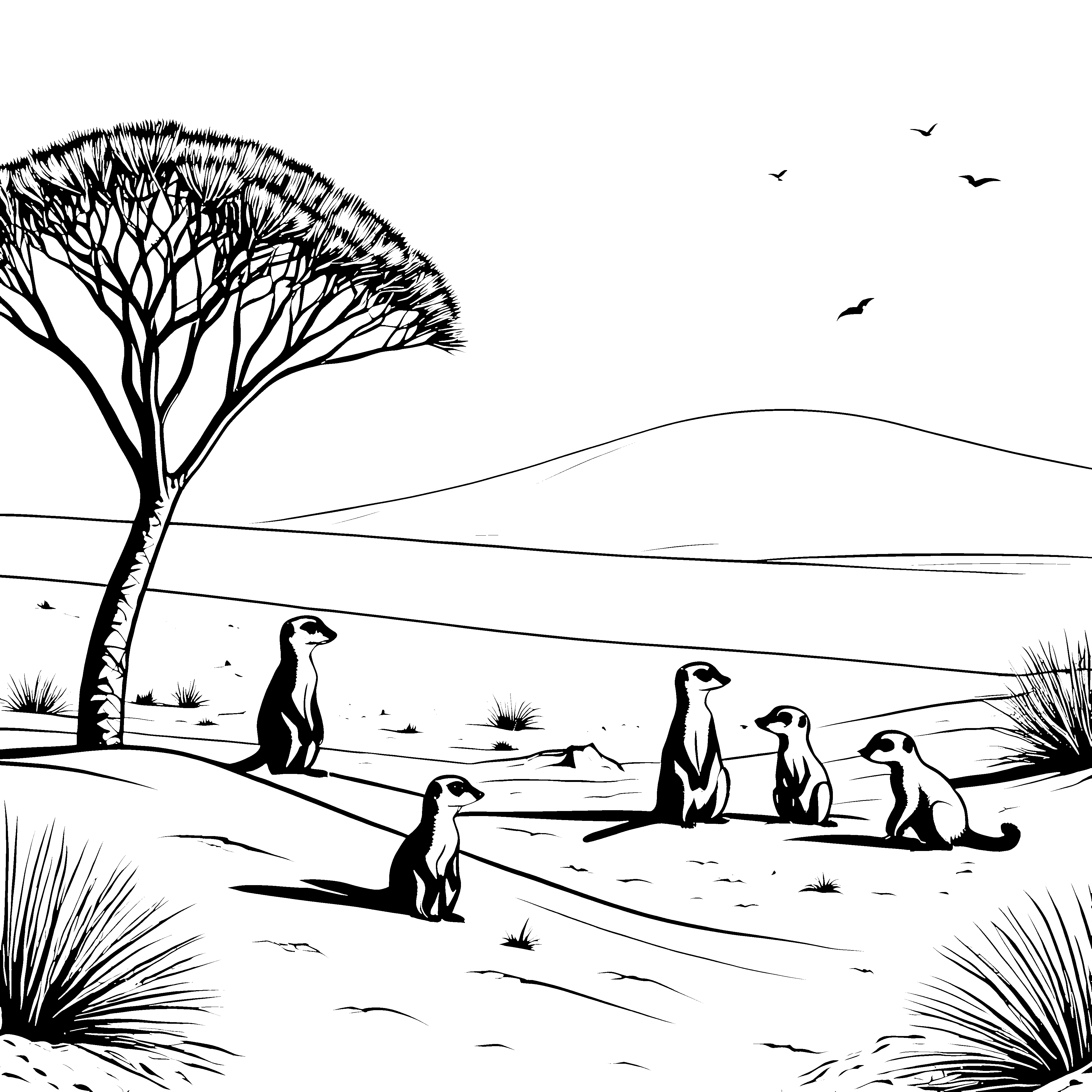 Neugierige Erdmännchen beim Abenteuer im Sand Ausmalvorlage für kleine Entdecker