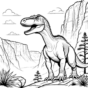 Majestätischer Giganotosaurus in beeindruckender Landschaft Ausmalvorlage für kleine Dino-Fans