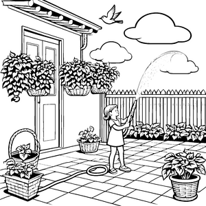 Lebhaftes Gießspiel mit spritzigem Wasser Ausmalvorlage für fröhliche Gartenforscher